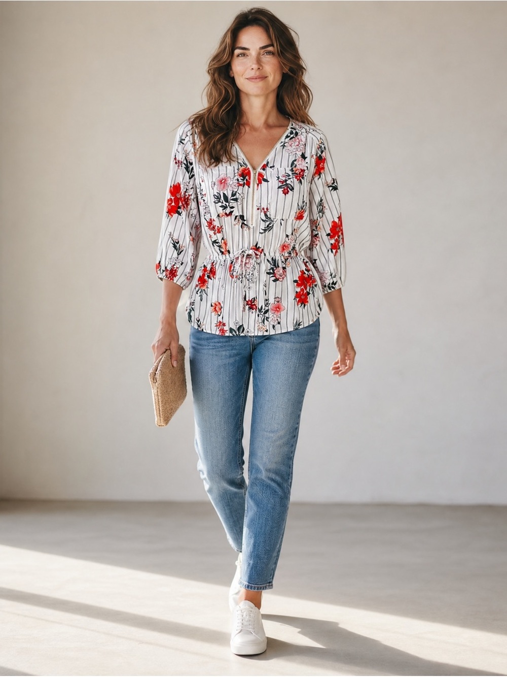 Streetwear Society (SWS) Floral Striped Zip Peplum Blouse Cottagecore Size M
